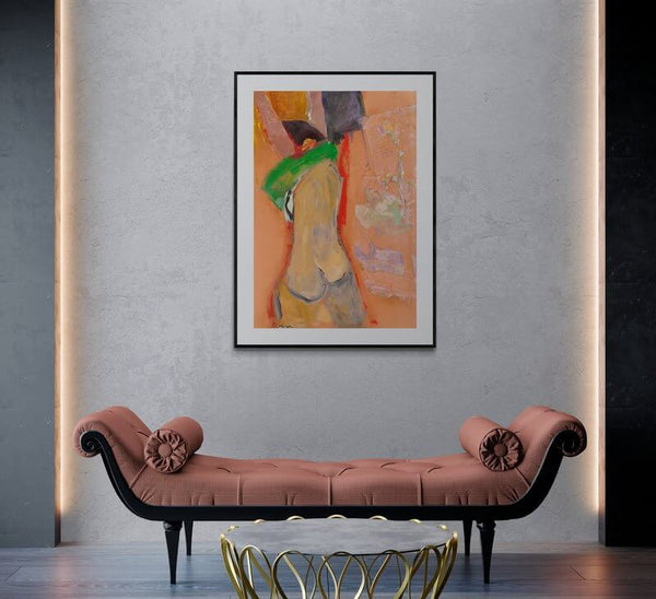 La maglietta verde - Dipinto di una figura femminile nuda, un'opera che esplora la forma e il colore.