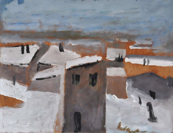 La neve sui tetti - Vista dell'opera d'arte senza cornice, certificazione inclusa.