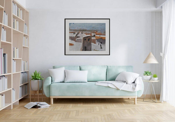 La neve sui tetti - Paesaggio invernale con tetti innevati, case coperte di neve bianca, atmosfera fredda e silenziosa del paesaggio urbano