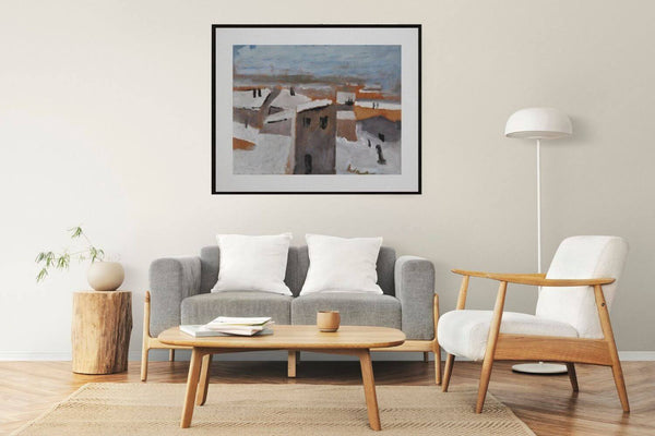 La neve sui tetti - Scena di un paese invernale, con case ricoperte di neve e un'atmosfera tranquilla e silenziosa.