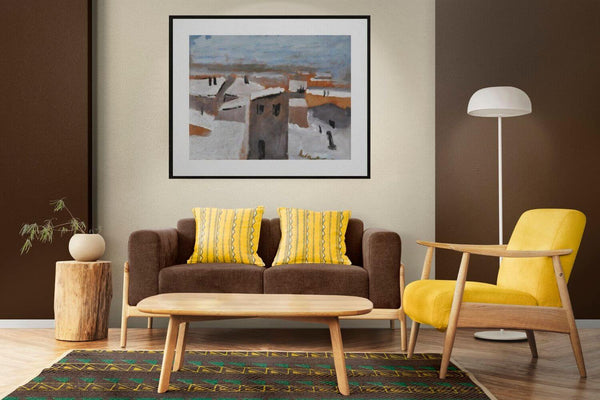 La neve sui tetti - Dipinto di una cittadina innevata, con case e un ambiente urbano sereno durante l'inverno.