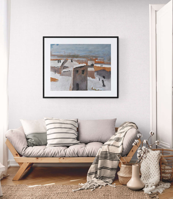 La neve sui tetti - Immagine di un paesaggio urbano invernale, con case circondate da neve in un'atmosfera calma.