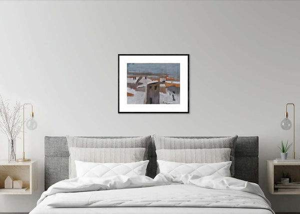 La neve sui tetti - Pittura di un tranquillo paese invernale, con case coperte di neve e un'atmosfera serena.