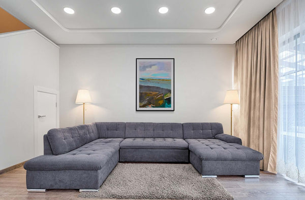 La pianura sembra un mare - Opera d'arte ambientata in salotto con arredamento contemporaneo