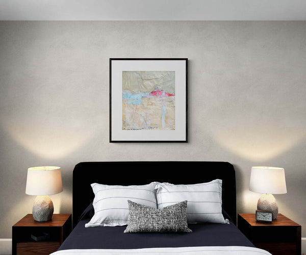 La scheggia rossa - Quadro a collage di una casa dai toni bianchi, con un tetto rosso.