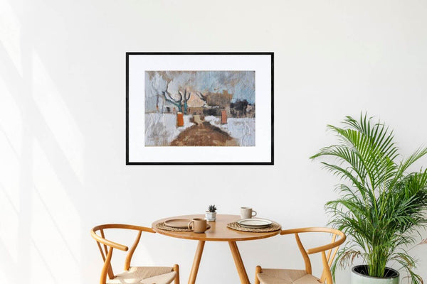 Laggiù in fondo - Un dipinto che mostra una strada innevata, alberi spogli e una casa sullo sfondo.