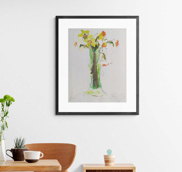 Dipinto intitolato "Le ultime giunchiglie", raffigurante un vaso con fiori colorati.