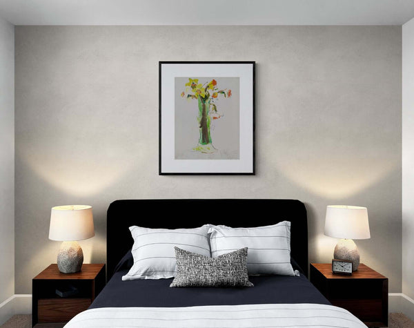 Dipinto di un vaso con fiori, intitolato "Le ultime giunchiglie", con dettagli artistici appeso in camera da letto.