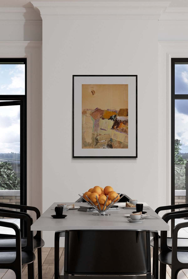 Luna a ponente - Un dipinto di una casa con un cartello affisso sulla facciata.