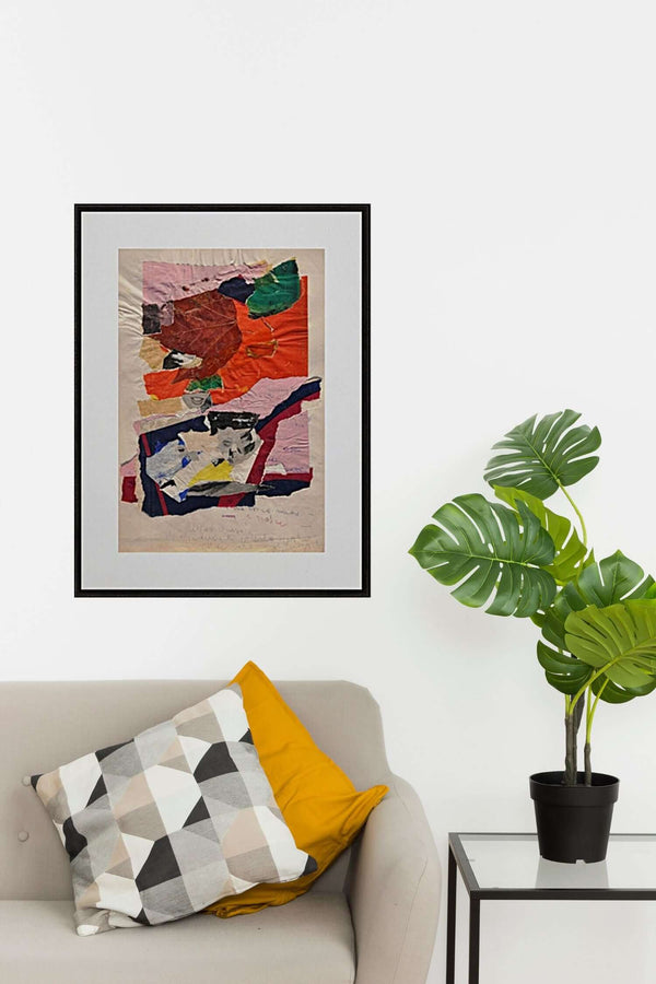 Nel luogo e nel tempo - Collage di carta e materiali diversi, presentando forme geometriche e una palette di colori pastello armoniosa.