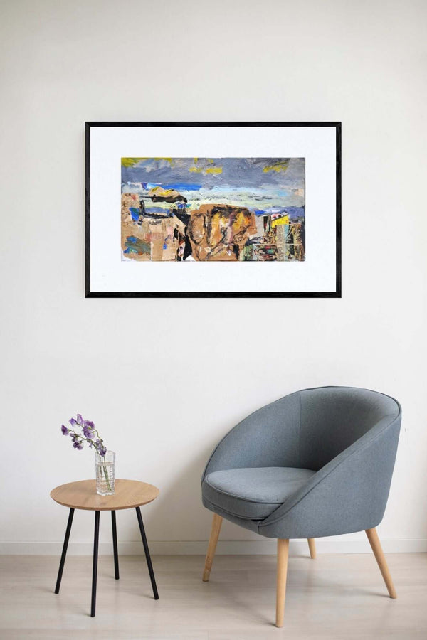 Paesaggio a collage - Arte mista con strati di acrilico e collage, presentando vari pezzi di carta per una qualità tattile unica.