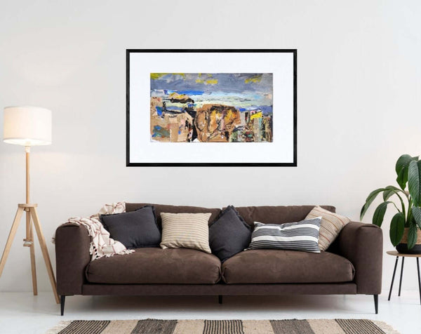 Paesaggio a collage - Composizione artistica con tecniche miste, includendo strati di acrilico e collage di carta.