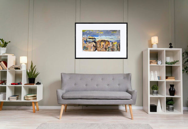 Paesaggio a collage - Pittura mista con strati di acrilico e collage, evidenziando una ricca qualità tattile.