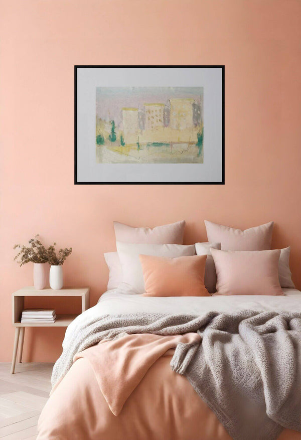 Palazzi di periferia - Disegno originale di una città con grattacieli e alberi in primo piano.