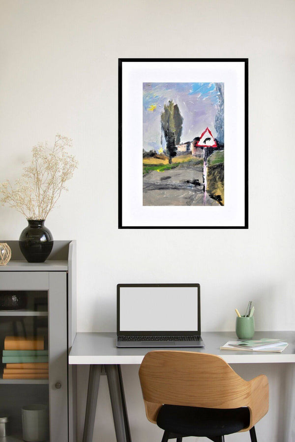 Per contemplare in poesia - Un dipinto che mostra un cartello stradale su una strada, rilevando il contrasto tra il segnale e l'ambiente.