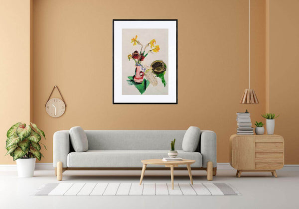 Per dosare la tenerezza - Dipinto di rose rosse e giunchiglie su cartoncino, opera d'arte contemporanea italiana