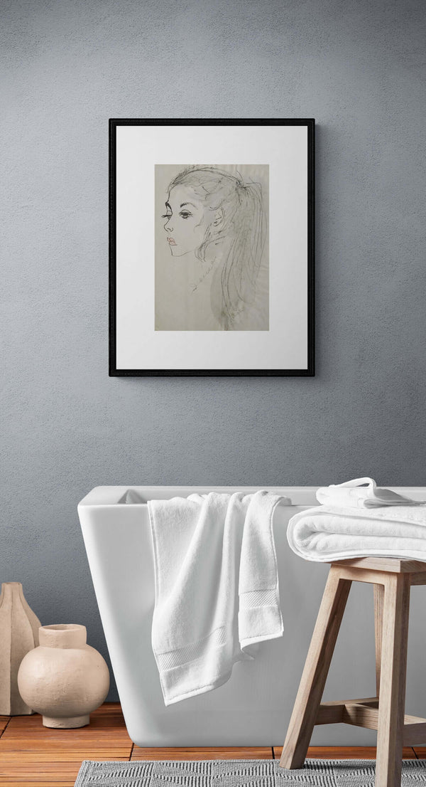 Per pochi istanti - Disegno di una donna con capelli raccolti in un ponytail, il suo viso esprime tranquillità e grazia.