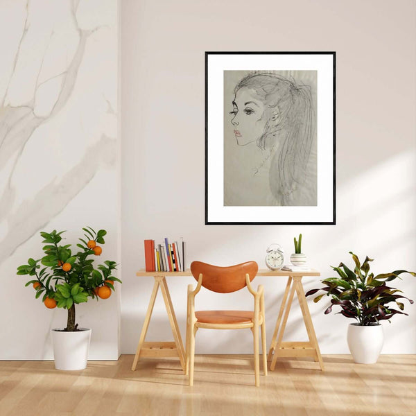 Per pochi istanti - Disegno del volto di una donna con un ponytail, espressione serena e dettagli delicati.