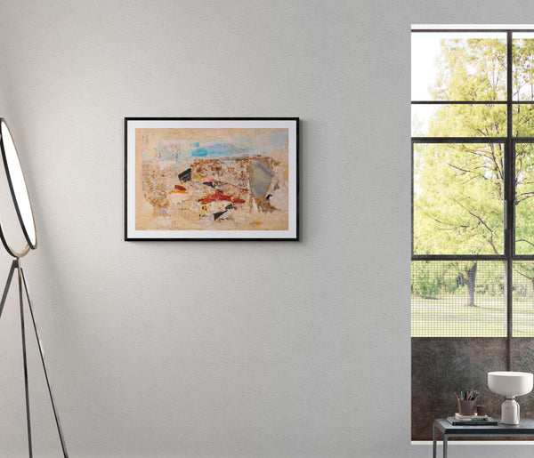 Per rivisitare il passato - Pittura di una casa con foglie, un collage che fonde trama e colore per evocare emozioni.