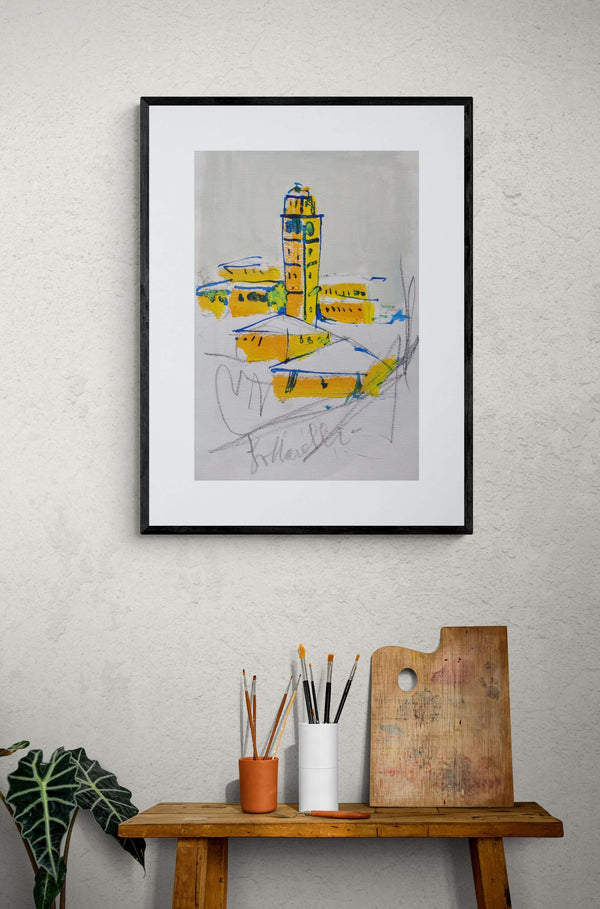 Piazzetta sotto la neve - Un quadro d’arte che mostra un orologio a torre con un edificio in lontananza.