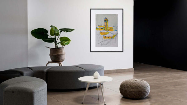 Piazzetta sotto la neve - Un dipinto invernale di un piazzetta e una a torre con edifici sullo sfondo.