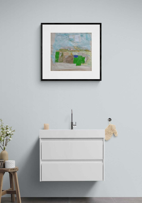 Poesia collagistica - Dipinto originale che rappresenta un paesaggio a collage ambientato nel bagno