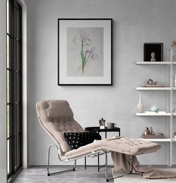 Profilo tra i fiori - Opera d'arte di un'iris viola che mostra il volto di una donna tra i petali.