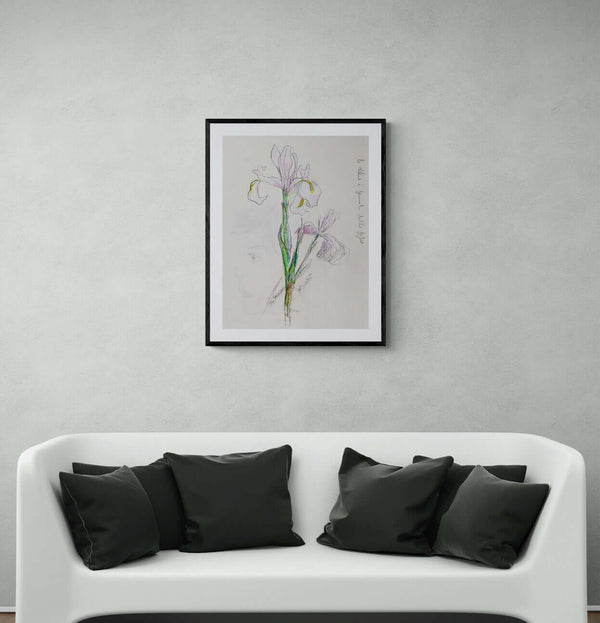 Profilo tra i fiori - Illustrazione di un'iris viola che incorpora il viso di una donna.