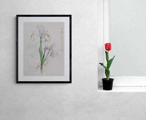 Profilo tra i fiori - Disegno di un'iris viola con il volto di una donna integrato nel petalo.