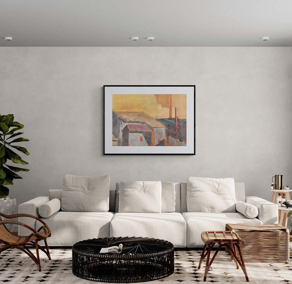 Rigore geometrico - Dipinto di un edificio con camino e tetto rosso, evocando l'atmosfera del crepuscolo e la fine di una giornata.