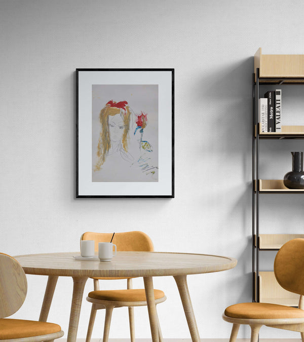 Rosa per un volto - Rappresentazione di una donna con capelli rossi e una rosa rossa nel suo abbigliamento.