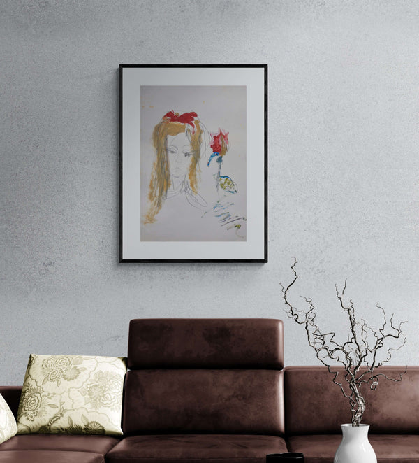 Rosa per un volto - Disegno di una donna con capelli rossi che tiene una rosa rossa tra le mani.