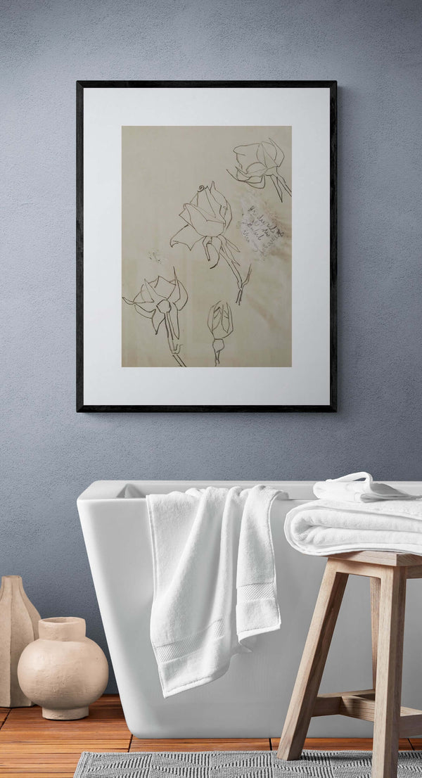 Rose nel tempo - Disegno a matita e collage di tre rose su un foglio di carta bianca.