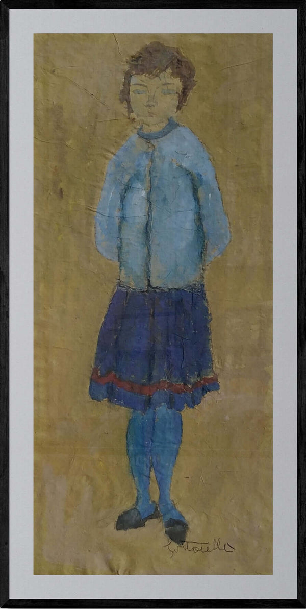 Sfumature di blu - Opera d'arte originale tempera e matita su carta gialla Tonino Gottarelli, 41x19 cm (16,1x7,4 in)