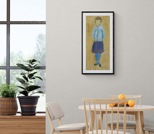 Sfumature di blu - Pittura che ritrae una giovane donna in un vestito blu, con gonna, in un contesto sereno.