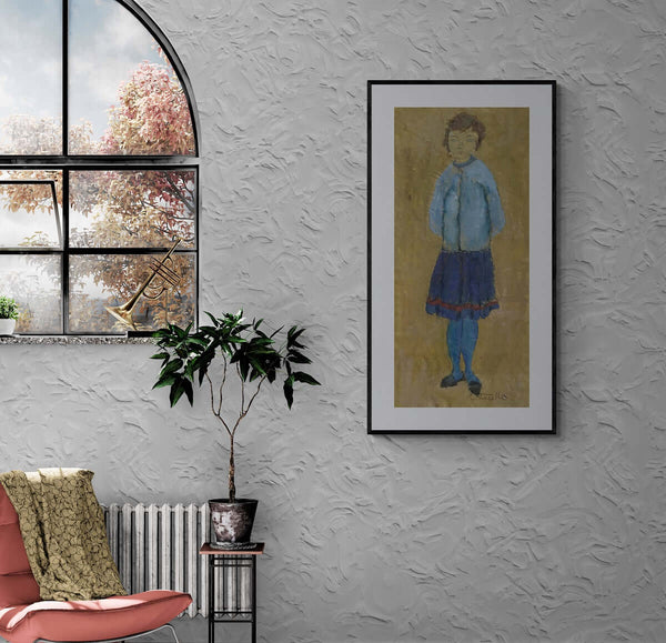 Sfumature di blu - Ritratto artistico di una giovane in abito blu, con gonna, su uno sfondo neutro.