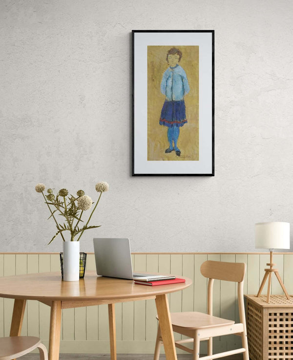 Sfumature di blu - Dipinto di una ragazza in un vestito e gonna blu, con uno sfondo semplice e luminoso.