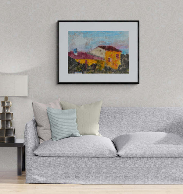 Spigolo di case - Quadro di una casa con tetto rosso in un paesaggio rurale sereno e pittoresco.