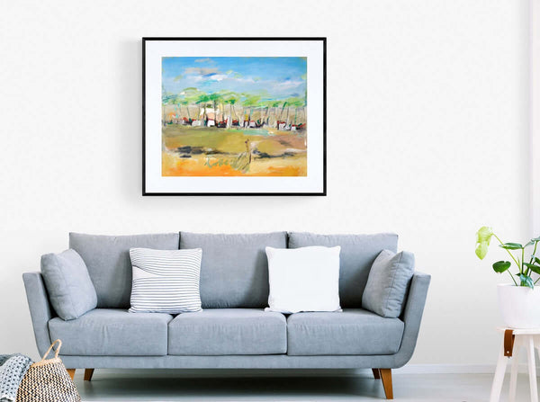 Sulla riva del fiume - Un quadro con un prato alberato e case, posizionato sulla riva di un fiume.