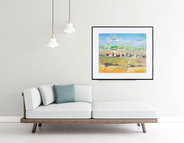 Sulla riva del fiume - Un'opera che rappresenta alberi e case, immerso nella natura vicino a un fiume.