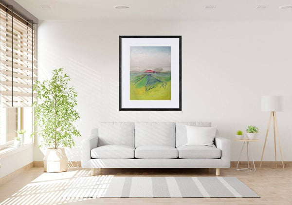 Tetto nell'azzurro - Dipinto di un campo con una casa rossa in lontananza in salotto