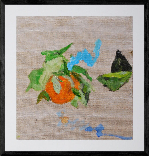 Un arancio nel suo mistero - Opera d'arte originale acrilico su carta velina incollata su tela di iuta di Tonino Gottarelli, 26x24 cm