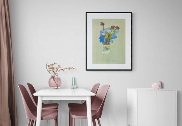 Un idillio - Un'opera d'arte che rappresenta un vaso di fiori dalle tonalità vivaci e dettagli delicati.