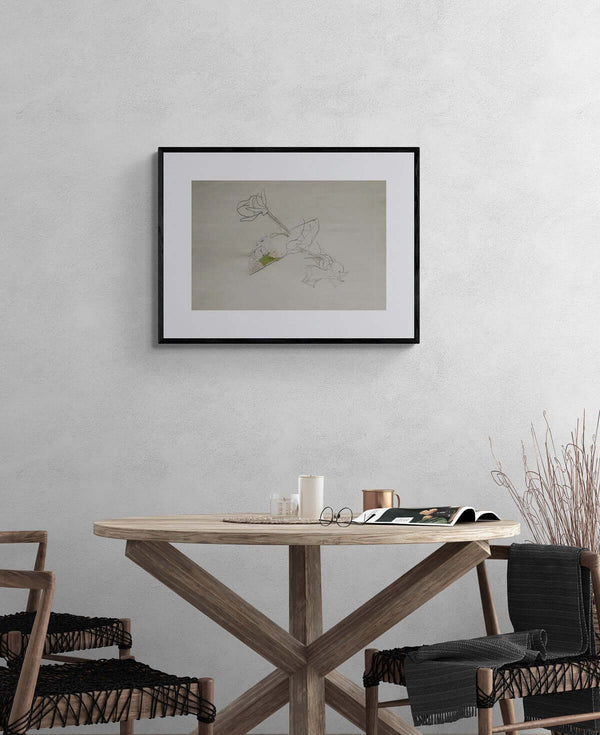 Una foglia tra due steli - Composizione floreale con foglia centrale tra due steli, tecnica mista disegno e collage, studio naturalistico