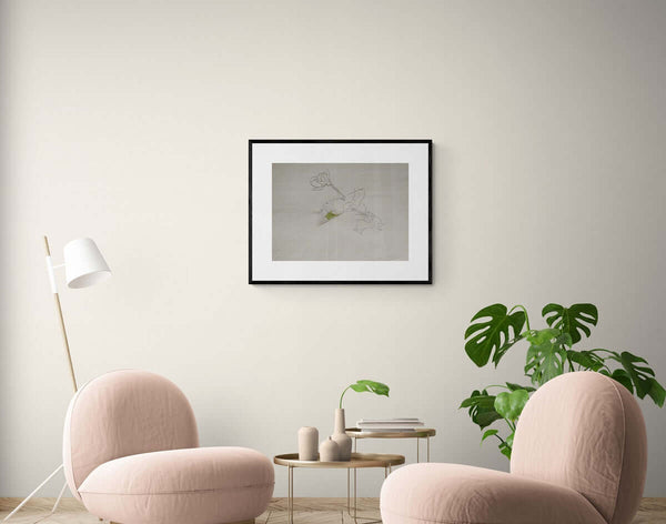 Una foglia tra due steli - Disegno originale di un fiore con una foglia verde attaccata al suo stelo.