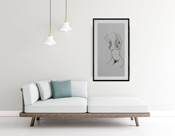 Verso l'alto - Disegno di una donna senza vestiti su uno sfondo bianco, mettendo in risalto la silhouette e le proporzioni.