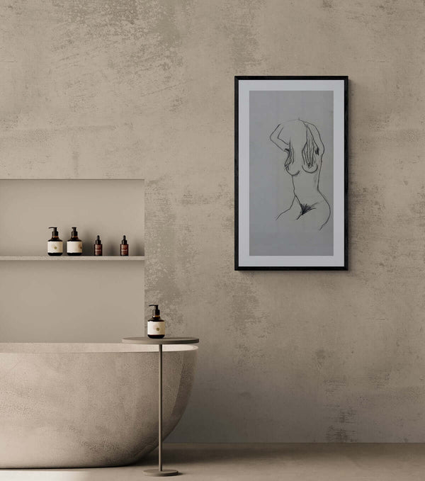 Verso l'alto - Illustrazione di una figura femminile nuda su uno sfondo bianco, con dettagli sulle curve e la postura.