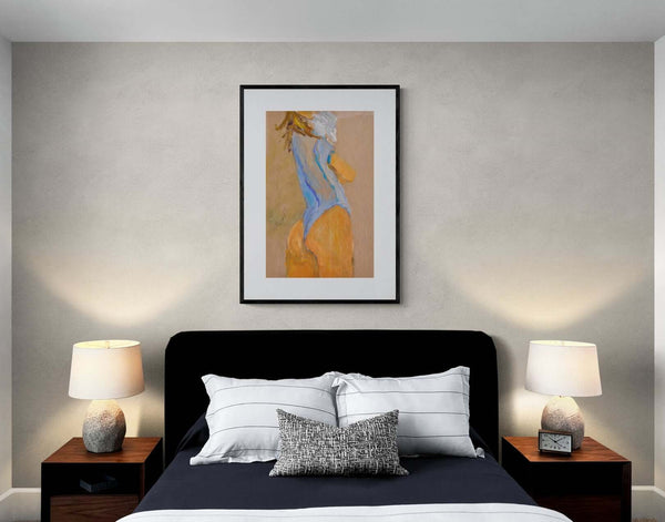 Vestita d'azzurro - Dipinto di una figura femminile in un bodysuit blu, con dettagli vivaci e un'atmosfera creativa.