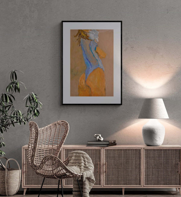 Vestita d'azzurro - Opera d'arte che mostra una donna vestita con un bodysuit blu, esprimendo grazia e movimento.