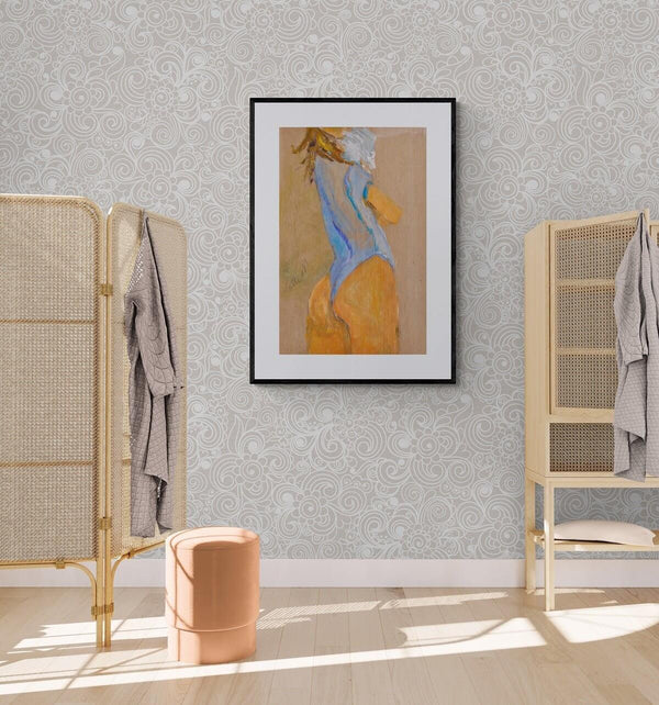 Vestita d'azzurro - Rappresentazione di una donna in un bodysuit blu, con uno sfondo astratto.